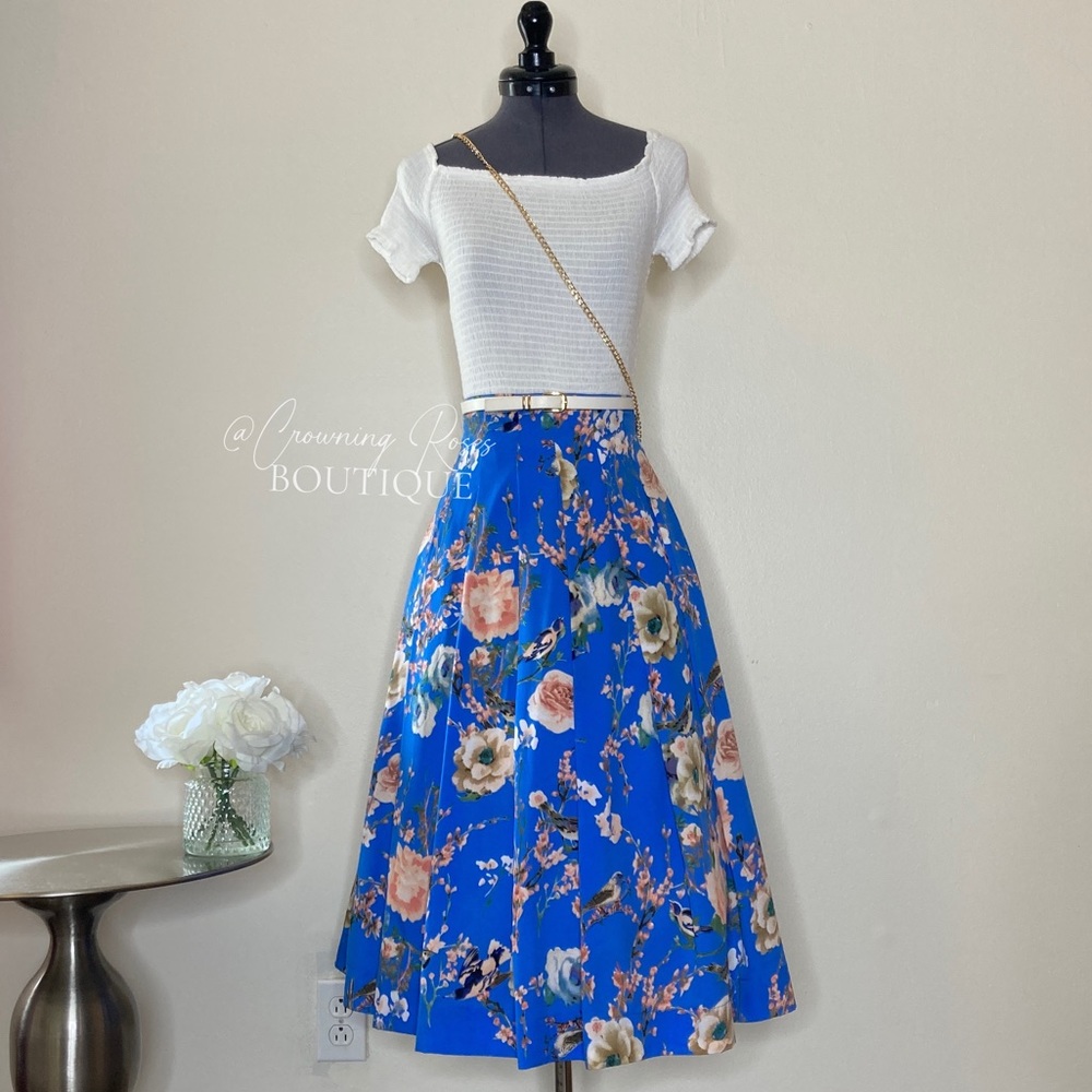 NWOT Mix Nouveau Pleated Midi Skirt, Sky Blue with Pink Floral Print